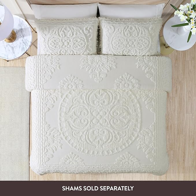 Beatrice Home Fashions Medallion Full Cotton Chenille Bedspread, Ivory | - Image 2