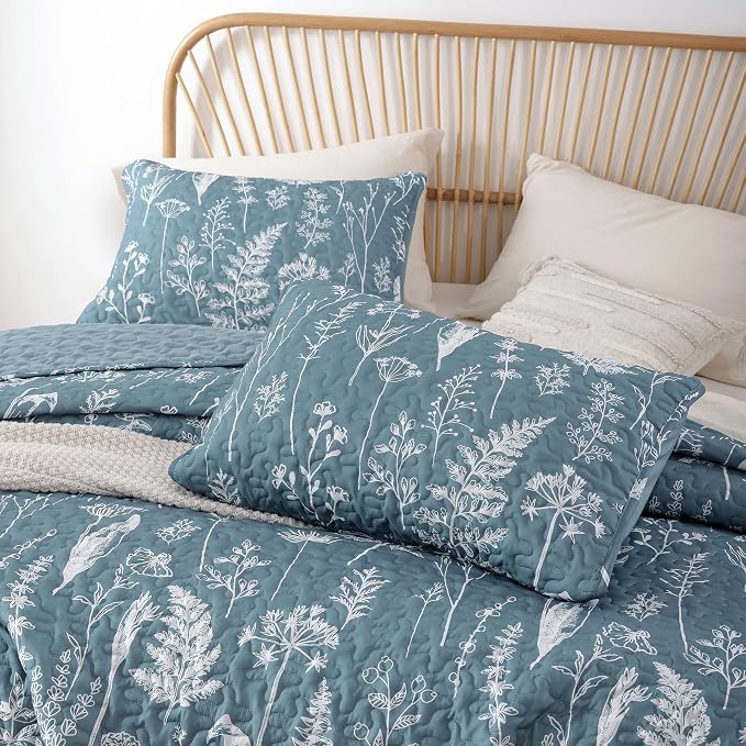 JANZAA Twin Quilt, Mineral Blue Quilt Floral Bedspread 2 Pcs Bedding Set | Boho - Image 7