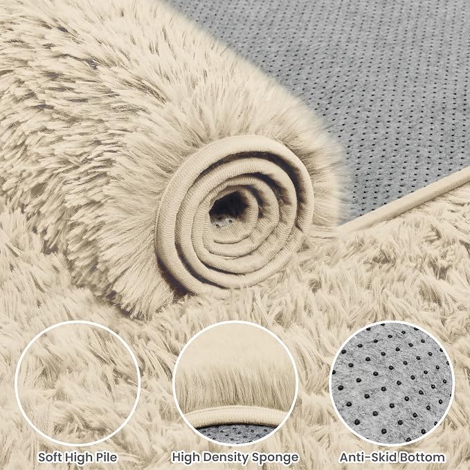 8x10 Fluffy Shag Area Rugs for Living Room Bedroom: Soft Plush Carpet Beige | - Image 6