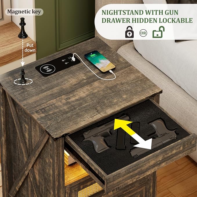 LED Night Stands Set of 2 with Charging Station | Hidden Gun Drawers, LED Human - Image 3
