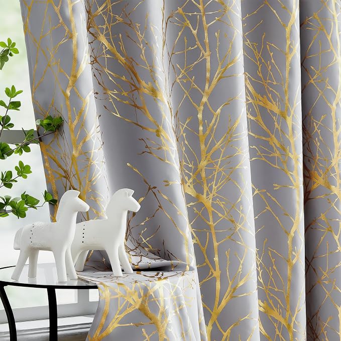 FMFUNCTEX 100% Blackout Grey Gold Foil Tree Curtains 63 Inch Long 2 Panels | by Fmfunctex