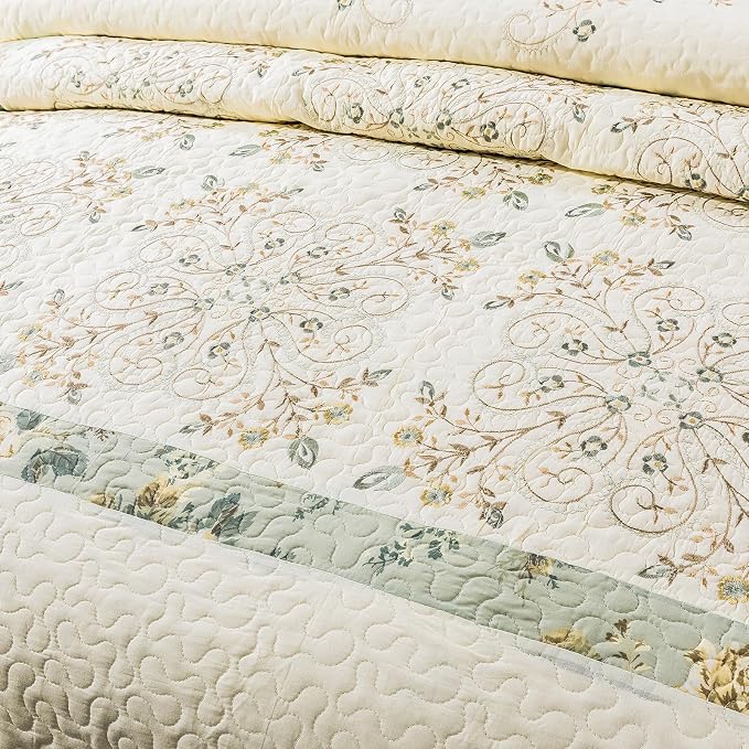 ROOMLIFE Quilt Set Queen Size 3D Floral Embroidery Pattern 3-Piece Cotton | - Image 6