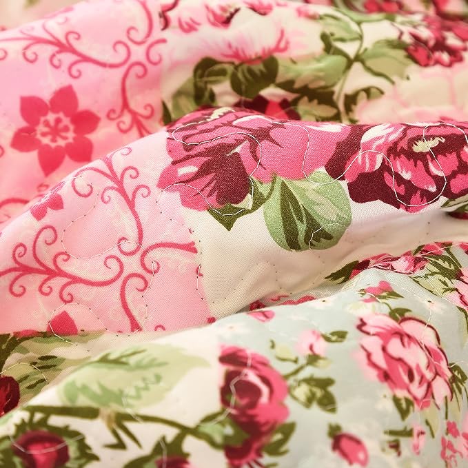 Cmfshape Summer Floral King Quilted Bedspread, Romantic Pink Quilt Set - Image 3