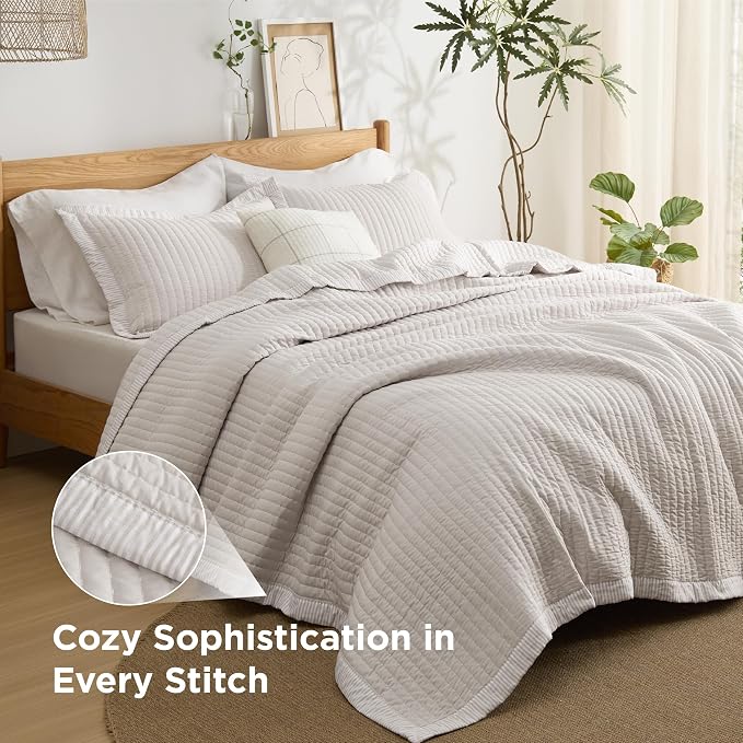 Bedsure King Size Quilt, Lightweight Striped Thin Comforter, Linen | Breathable - Image 2