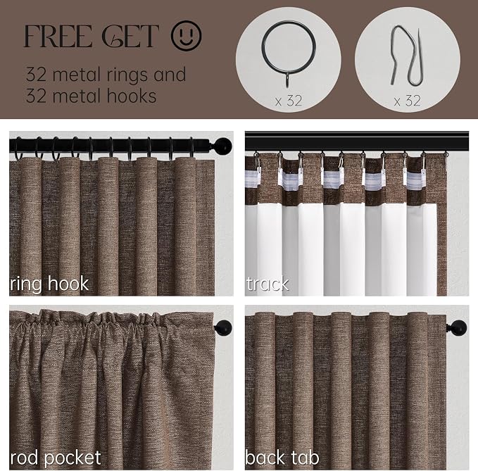 Topfinel Dark Brown 100% Blackout Linen Living Room Bedroom Curtains 84 Inch - Image 4