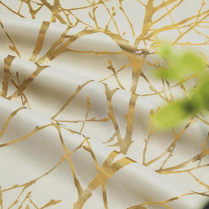 FMFUNCTEX 100% Blackout Ivory Gold Foil Tree Curtains 63 Inch Long 2 Panels | - Image 8