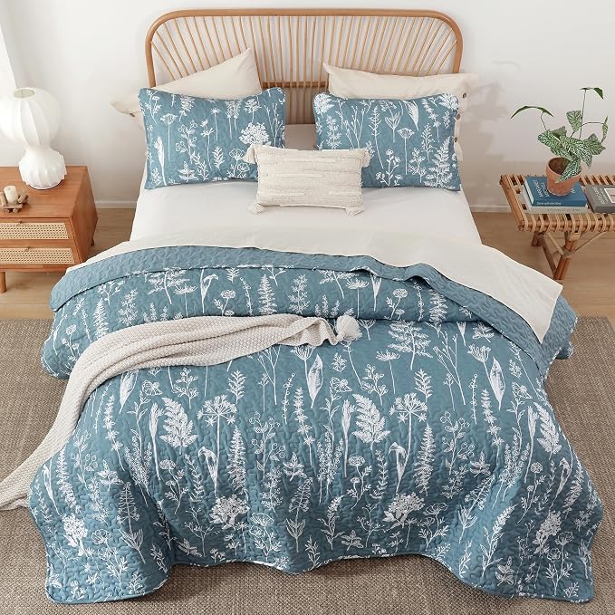 JANZAA Quilt King Size, Mineral Blue Bedspread Floral Bedding Set 3 Pieces | - Image 5
