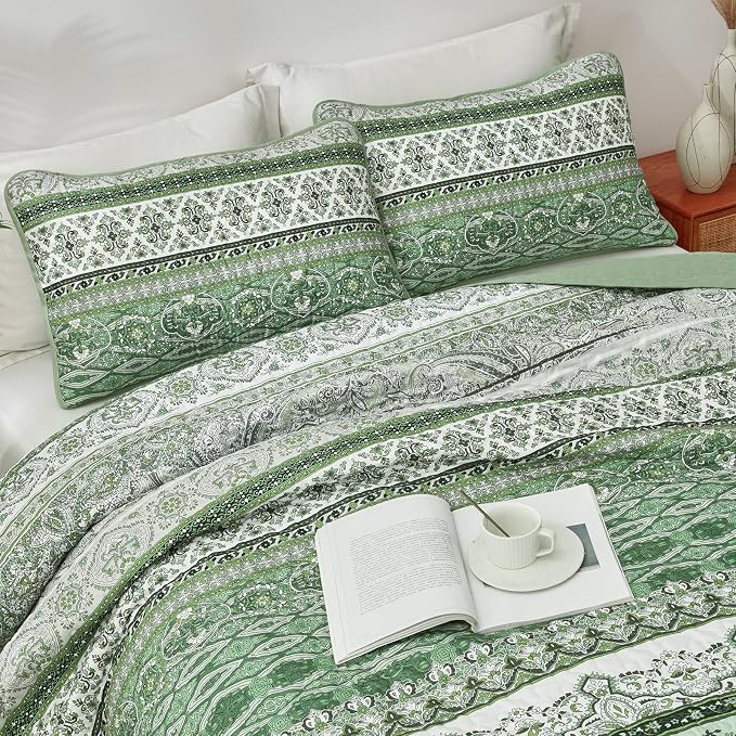 WONGS BEDDING Boho Quilt Set Full Size, Light Green Bohemian Full Quilt Bedding - Image 4