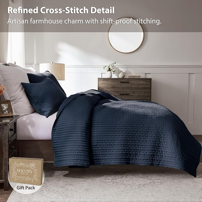 WDCOZY Navy Blue Cross Stitch California Cal King Size Quilt Set, Oversized - Image 3