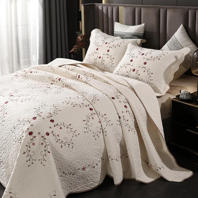 Quilt Set King Floral Leaves 3D Embroidery Pattern 3-Piece Cotton Blend | - Image 2