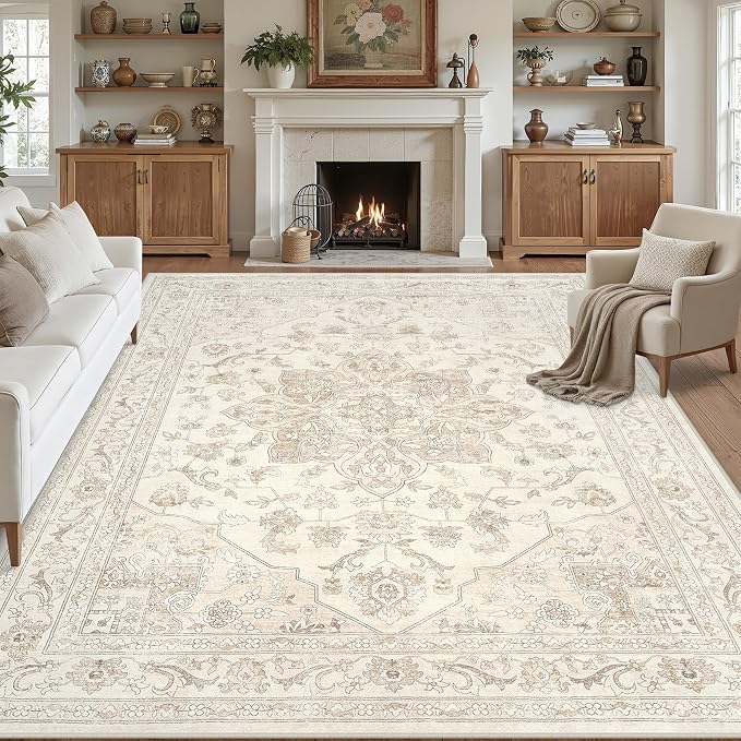 Area Rugs 9x12 Living Room: Bedroom Washable Carpet Beige White | Vintage Boho by Luxturiy