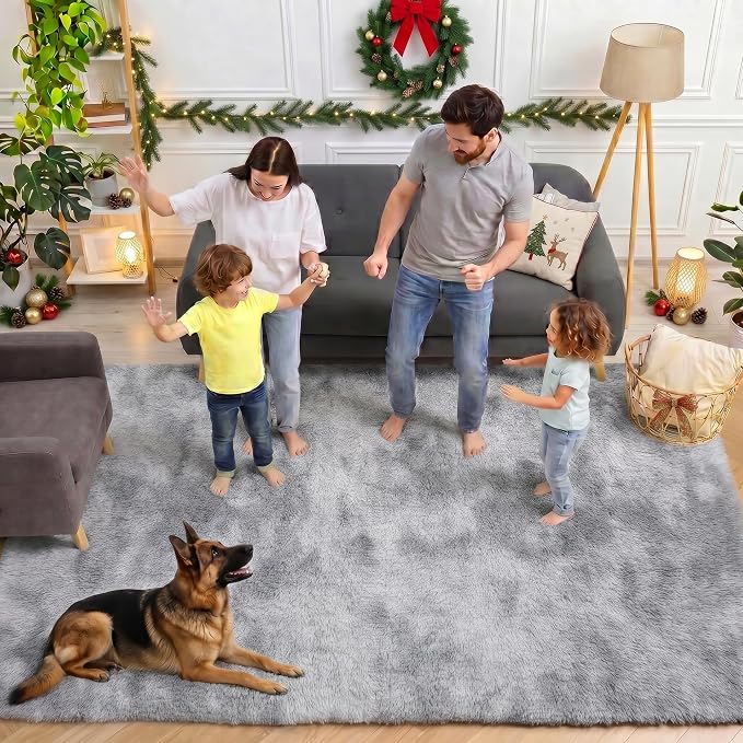 Area Rugs for Bedroom Living Room, 4x6 Tie-Dyed Light Grey Fluffy Shaggy - Image 4
