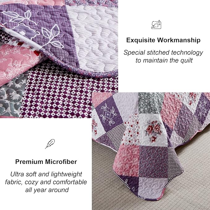 Dinjoy Boho Quilt Set Queen Size, Patchwork Floral Bedspreads, Reversible - Image 5