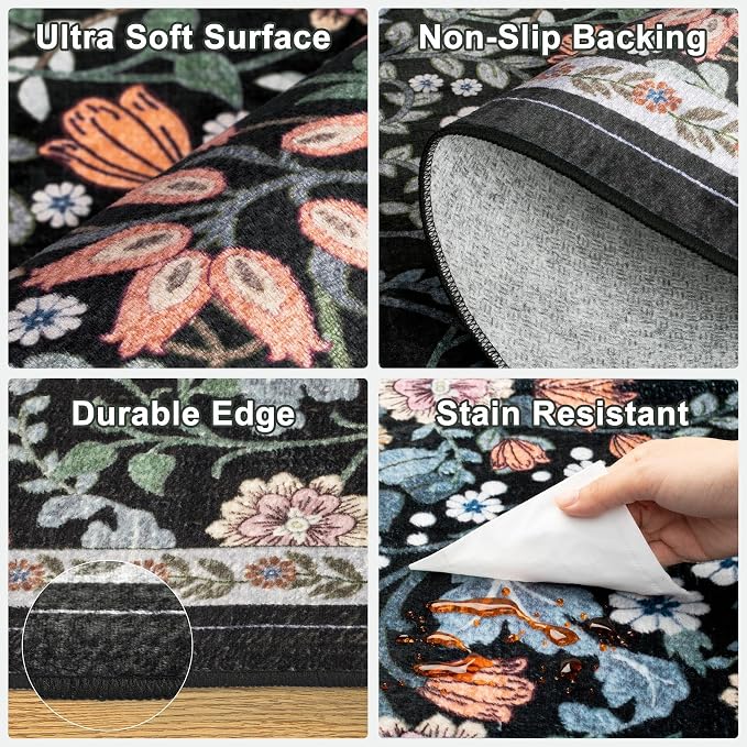 PLHXFR Area Rug Living Room: 5x7 Floral Washable Boho Carpet Dark Black | - Image 7