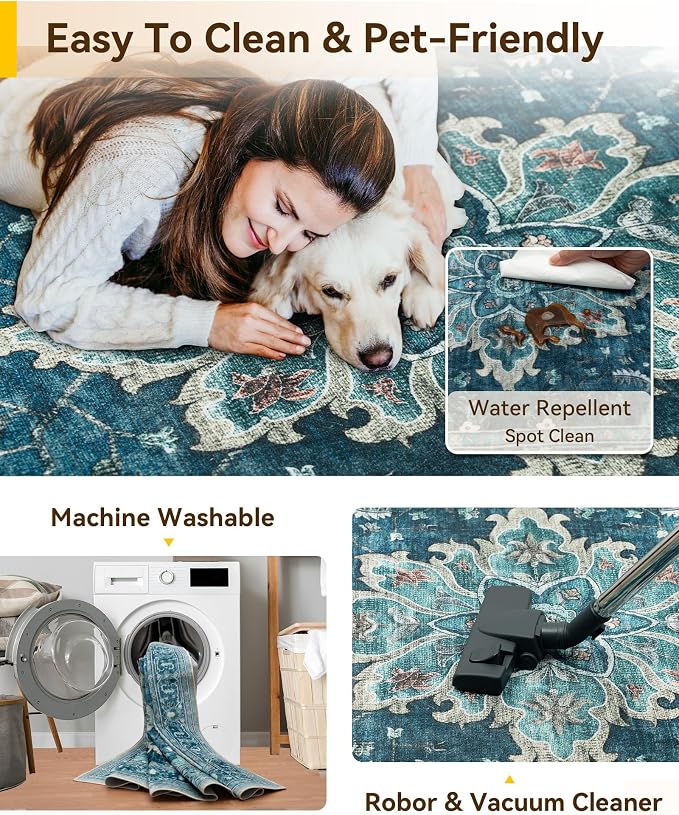RELEANY Washable Area Rug, Large 10'x12', Teal | Non-Slip, Water Repellent - Image 6