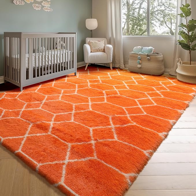 Rugs for Living Room Bedroom, 5x8 Fluffy Orange and White Area Rug, Geometric - Image 8