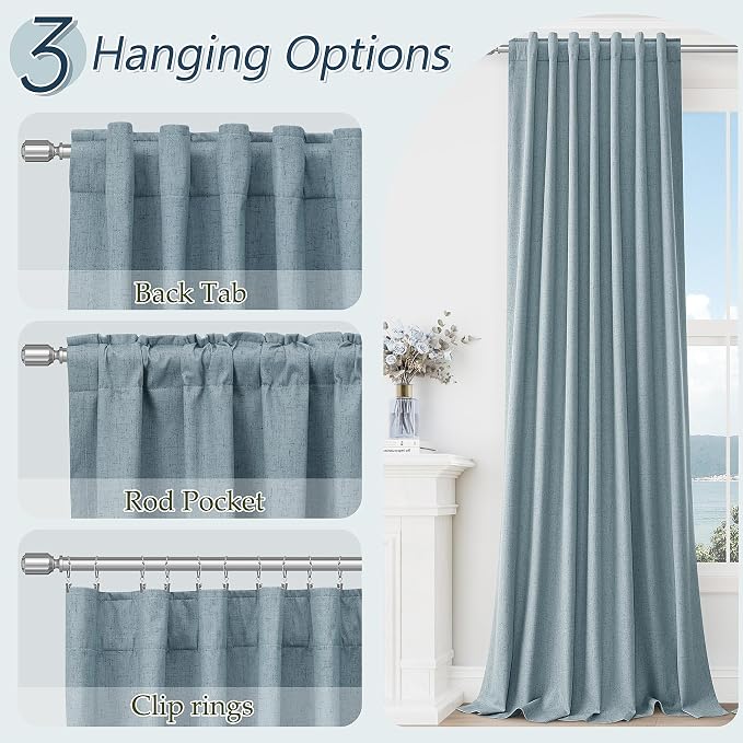 Blue 100% Blackout Linen Curtains 80 Inch Length 2 Panels Set - Image 6