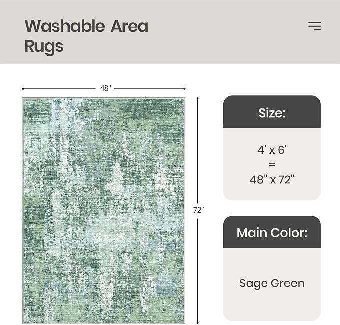 4x6 Area Rug, Abstract Small Washable Bedroom Rug, Sage Green | Soft & - Image 2