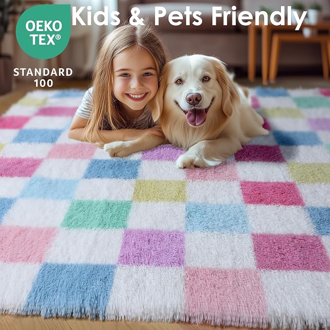 KICMOR Checkered Rug 8x10 for Living Room, Rainbow Colorful Fluffy Soft Large - Image 8