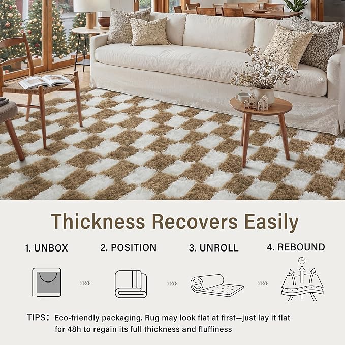 Brown Area Rug 5x7 for Living Room Soft Checkered Shag Carpet | Machine Washable - Image 6