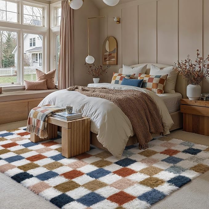 Checkered Area Rug 5x7 for Bedroom Soft Fluffy Shag Carpet | Machine Washable - Image 5
