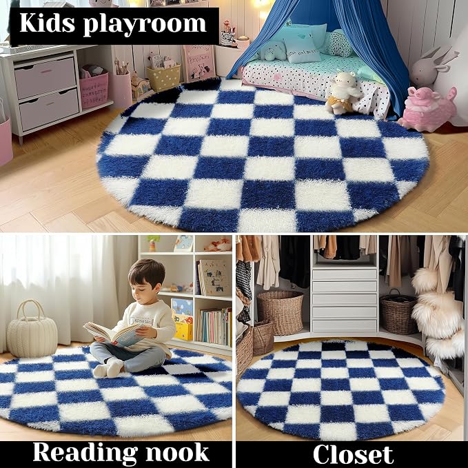 KICMOR Round Rugs 5ft Blue and Cream White Circle Area Rug, Fluffy Soft Fuzzy - Image 7