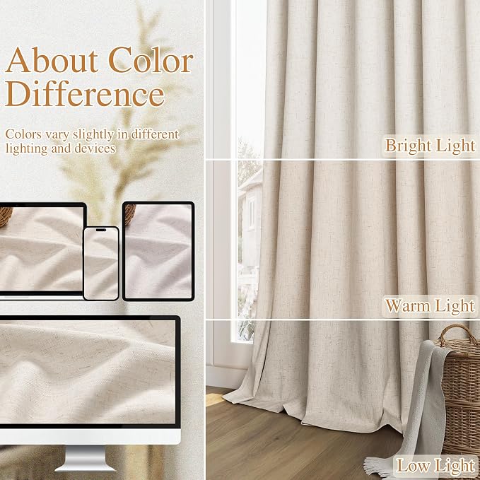 100% Blackout Linen Curtains 112 Inch Wide by 52 Inch 2 Panels Set - Image 7