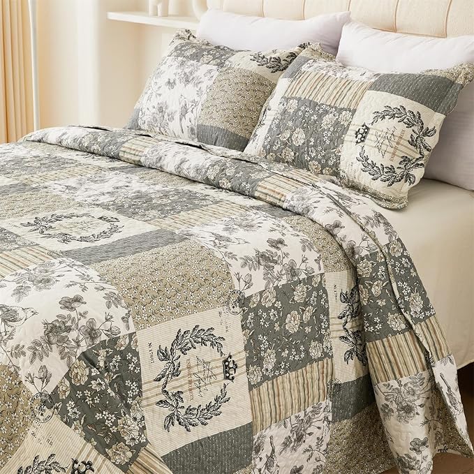 Cmfshape Floral Quilt Queen, 3-Pcs Bird Pattern Queen Set, Lightweight Bedspread - Image 3