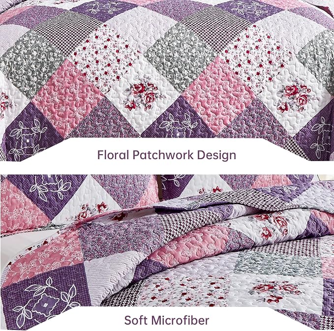Dinjoy Purple Quilt Set King Size, Reversible Boho Patchwork Bedspreads | Soft - Image 5