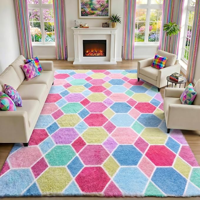 Checkered 8x10 Area Rugs for Living Room, Large Fluffy Pink Rainbow Colorful - Image 4