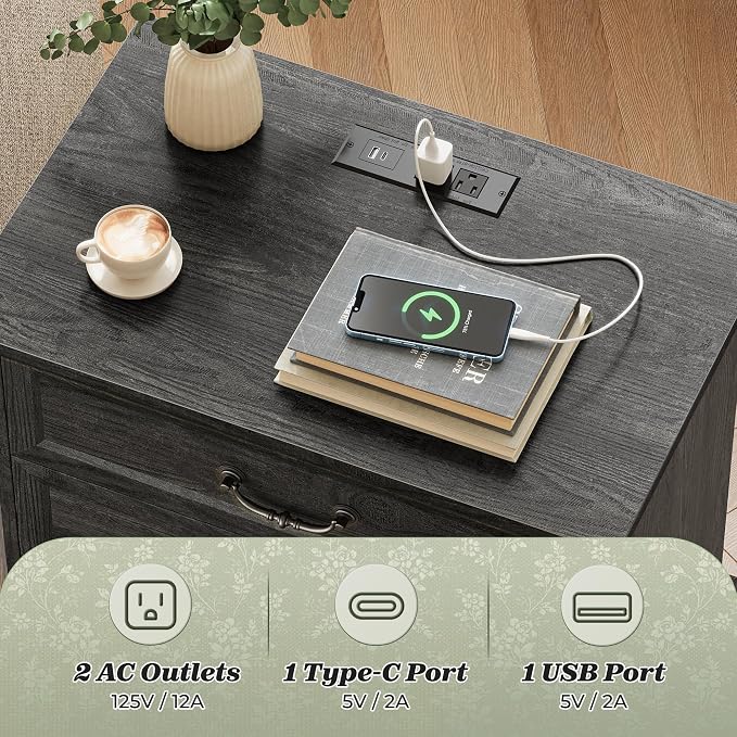Huuger Nightstand with Charging Station, 3 Drawer Night Stand Set of 2 | 22 - Image 4