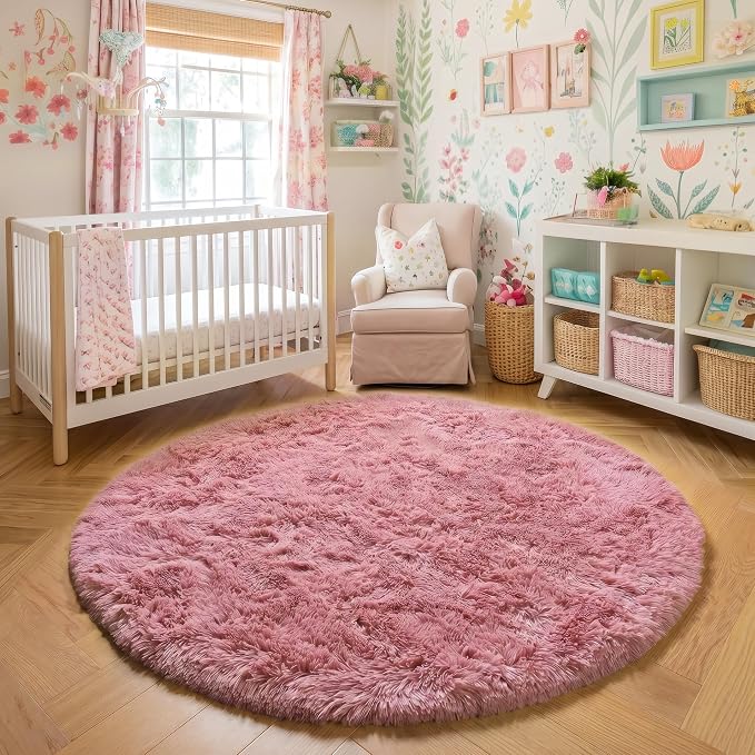 Amdrebio Blush Pink Fluffy Round Circle Rug 4Ft - Image 6