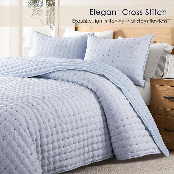 WDCOZY Blue Cloud Quilt Set King Size, Lightweight Soft Cross Stitch Bedspread - Image 2