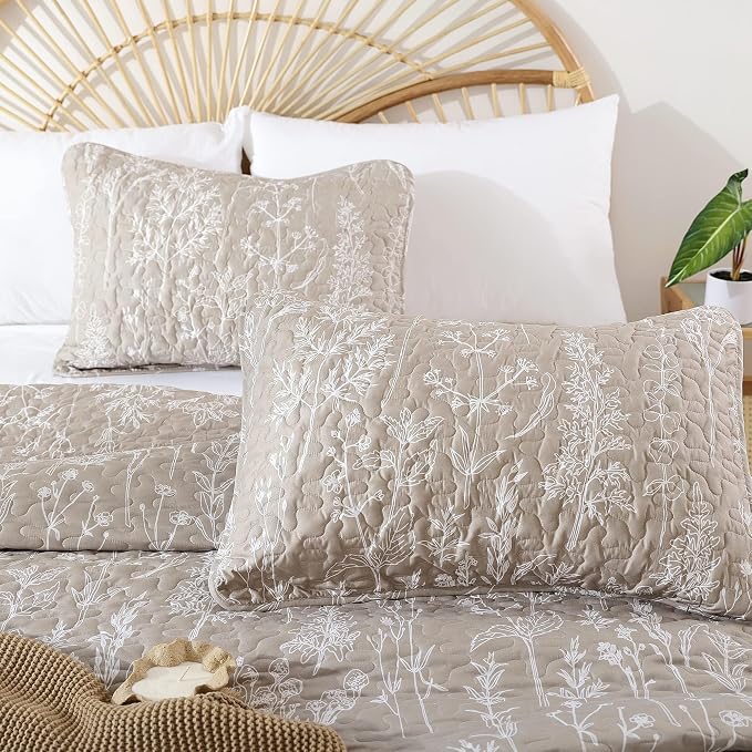 JANZAA Quilt King Size, Oatmeal Quilt Floral Bedspread 3Pcs Boho Bedding Set - Image 3