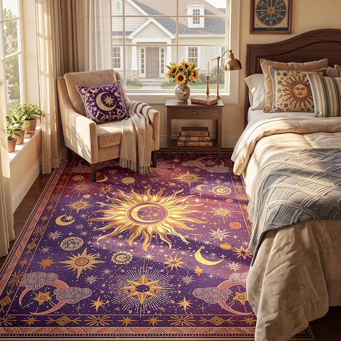 5x7 Area Rugs, Washable Vacuum-Friendly Non-Slip Rug Vintage Boho Gothic Sun - Image 2