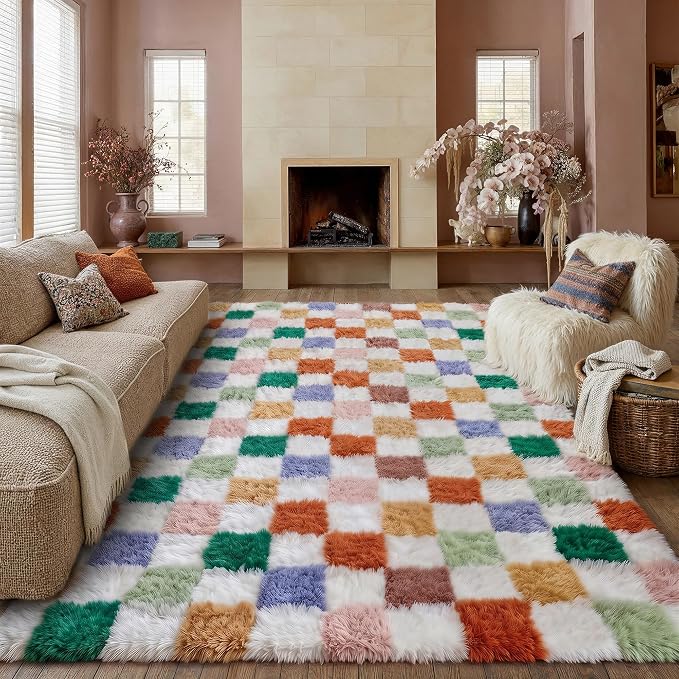 Colorful Area Rug 6x9 for Living Room Soft Checkered Shag Carpet | Machine by PureCozy