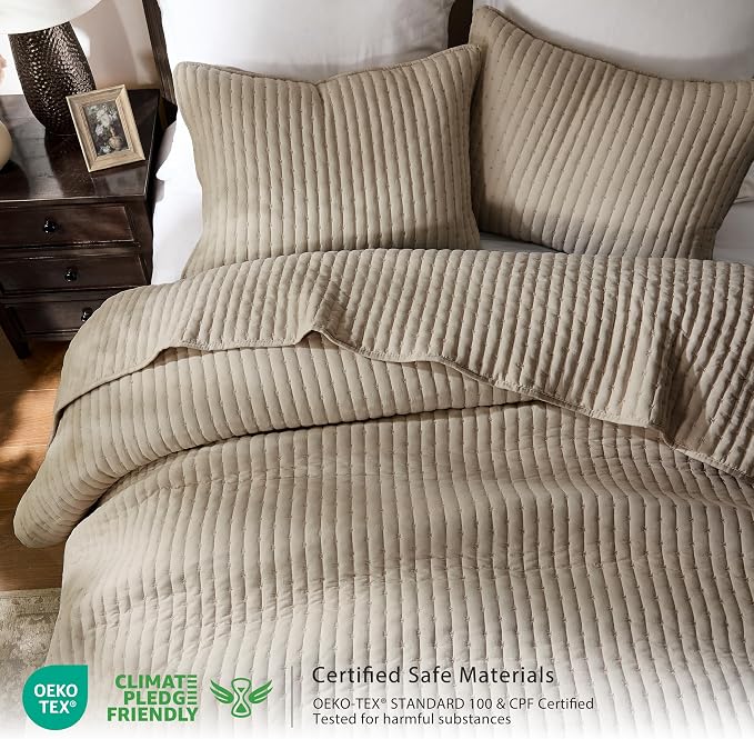 WDCOZY Dark Beige Cross Stitch King Size Quilt Set, Striped Lightweight Soft - Image 2