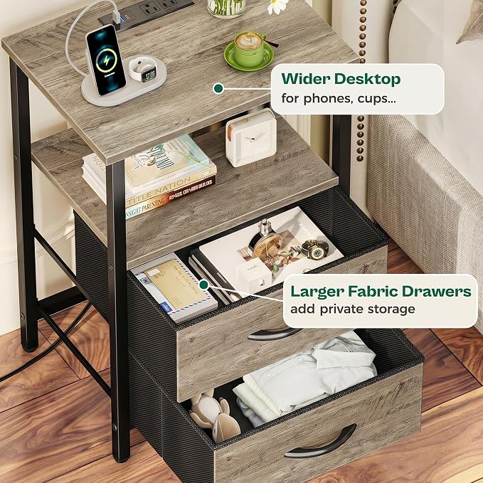 Huuger Night Stand with Charger Station and LED Lights, 2 Drawer Nightstand | - Image 7