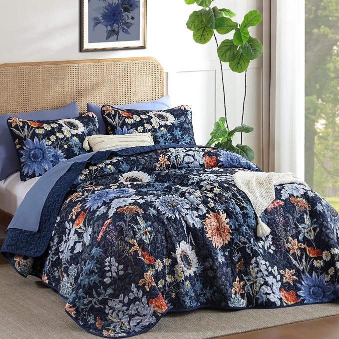 Yiran Navy Blue Sunflower Floral Quilt Set King Size | Botanical Bedspread - Image 2