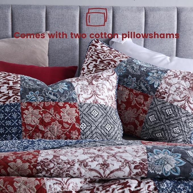 Secgo King Size Comforter Set- 100% Cotton Quilt King Size Set, Burgundy - Image 5