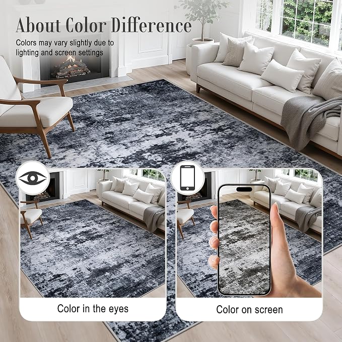 10x14 Area Rug Living Room: Modern Washable Indoor Carpet Black | - Image 7