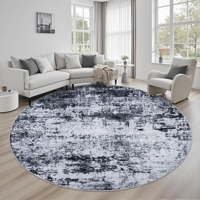 Round Area Rug Living Room: 8 ft Modern Washable Carpet Black | by FXRHLP