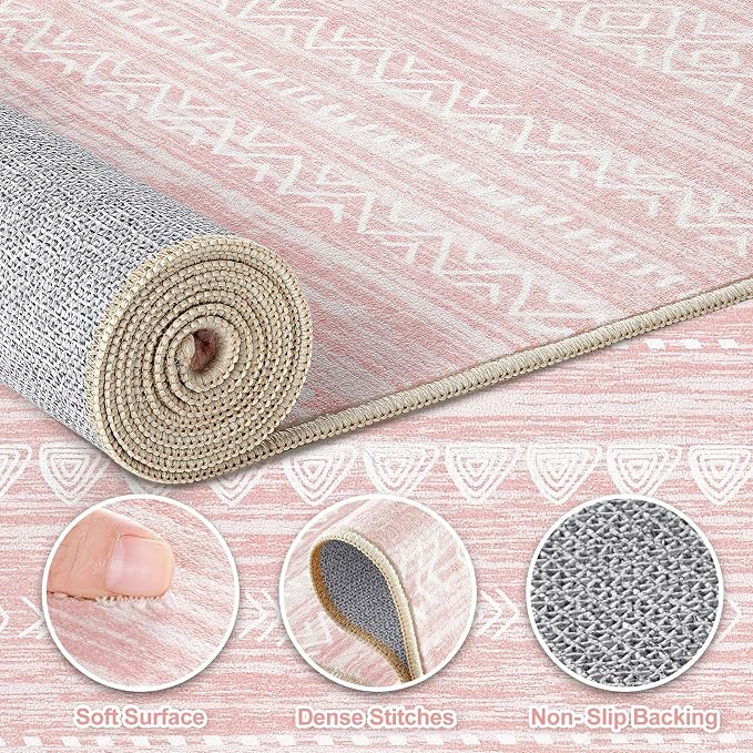 Nakagishi Boho 6x9 Area Rug Living Room Rugs Machine Washable Pink | Soft - Image 4