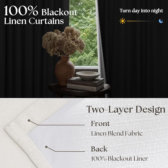 Ivory White Pleated 100% Blackout Linen Curtains 96 Inches Long 2 Panels | - Image 3