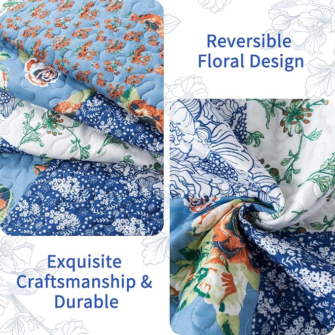 VAPUTAR Farmhouse King Size Quilt Set, Reversible Floral Bedspreads | - Image 4
