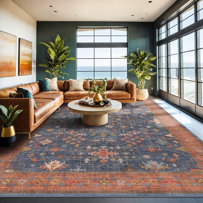 Navy Blue Large Area Rugs 8x12 Living Room, Geometric Floral Rugs by HazoHaus