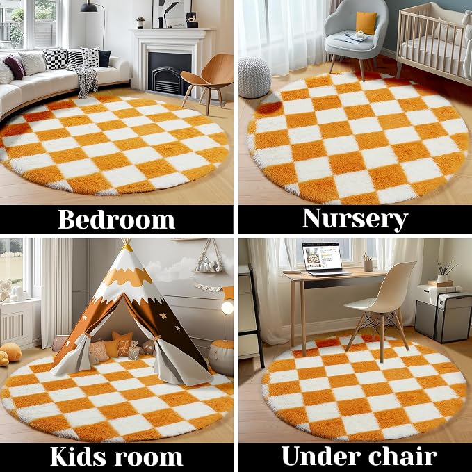 KICMOR Round Rugs 5ft Orange and Cream White Circle Area Rug, Fluffy Soft Fuzzy - Image 5