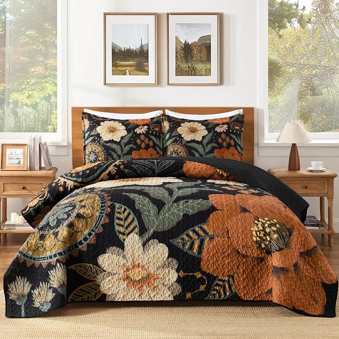 Oversized King Quilt Set Black, 120x120 Floral Super King Bedspread | 3 Pieces by Andency