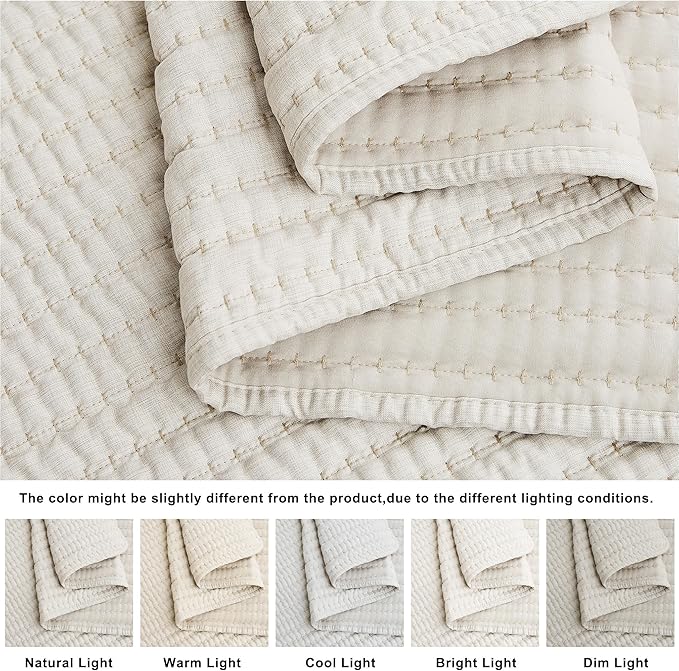 WDCOZY Beige Pick Stitch Twin Size Quilt Set, Striped Lightweight Soft Summer - Image 4