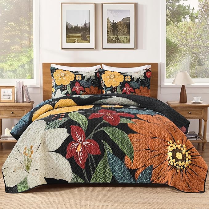 Oversized King Quilt Set Black, 128x120 Floral Super King Bedspread | 3 Pieces by Andency